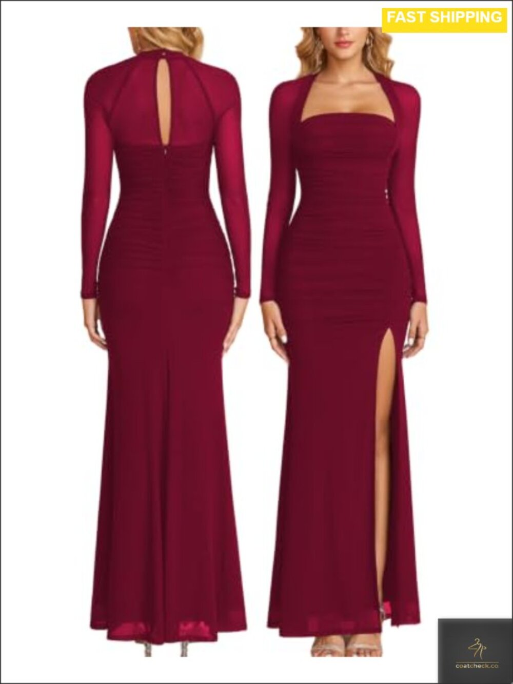 Long Sleeve Bodycon Maxi Dress Square Neck High Slit Formal
